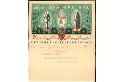 Det Norske Telegrafvesen luksus telegramformular no. Lx E med meddelelse fra Bergen d. 1.12.1928. Uden kuvert.