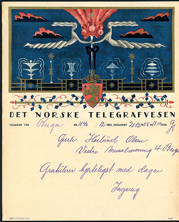 Det Norske Telegrafvesen luksus telegramformular no. Lx F med meddelelse fra Bergen d. 1.12.1928.