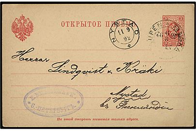 Russisk 3 kop. helsagsbrevkort fra St. Petersborg . 28/9 Sept. 1872 annulleret med finsk bureaustempel Finska Postkupén No. ? d. 8.9.1892 til Nystad, Finland.