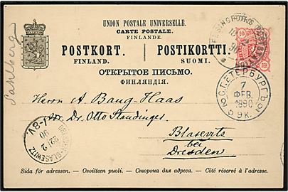 10 pen. helsagsbrevkort stemplet Helsingfors Poststation d. 18.2.1890 via St. Petersborg til Blasewitz bei Dresden, Tyskland.