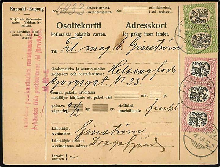 1 mk. (3-stribe) og 2 mk. (par) Løve på 2-sproget adressekort for pakke fra Björkboda (?) d. 22.12.1922 til Helsingfors.