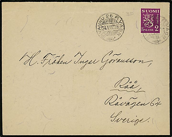 2 mk. Løve single på brev annulleret med 2-sproget bureuastempel P. Vaunu 26 P. Vagn d. 24.8.1936 til Råå, Sverige.