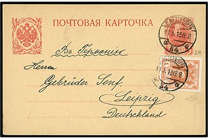Russisk 3 kop. Romanow helsagsbrevkort opfrankeret med 1 kop. Romanow fra St. Petersborg d. 11.9.1913 til Leipzig, Tyskland.