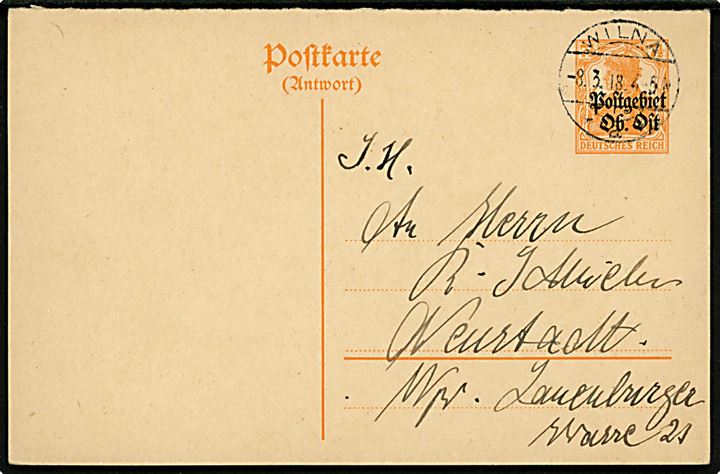 7½ pfg. Postgebiet Ob. Ost provisorisk helsagsbrevkort stemplet Wilna d. 8.3.1918 til Neustadt. Uden meddelelse på bagsiden.