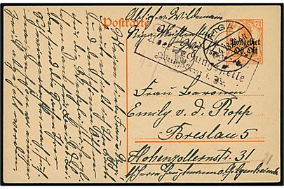 7½ pfg. Postgebiet Ob. Ost provisorisk helsagsbrevkort fra Riga d. 16.4.1918 til Breslau, Tyskland. Lokal censur R (= Riga) og tysk censur fra Königsberg.