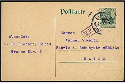5 pfg. Postgebiet Ob. Ost provisorisk helsagsbrevkort stemplet Libau d. 16.4.1916 til mainz, Tyskland. Censurstemepel M.P.k. fra Königsberg.