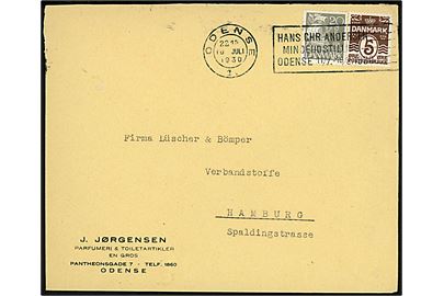 5 øre Bølgelinie og 20 øre Karavel på brev annulleret med TMS Hans Chr. Andersen Mindeudstilling Odense 11/7. - 15/8. 1930 / Odense 1. d. 16.7.1930 til Hamburg, Tyskland.