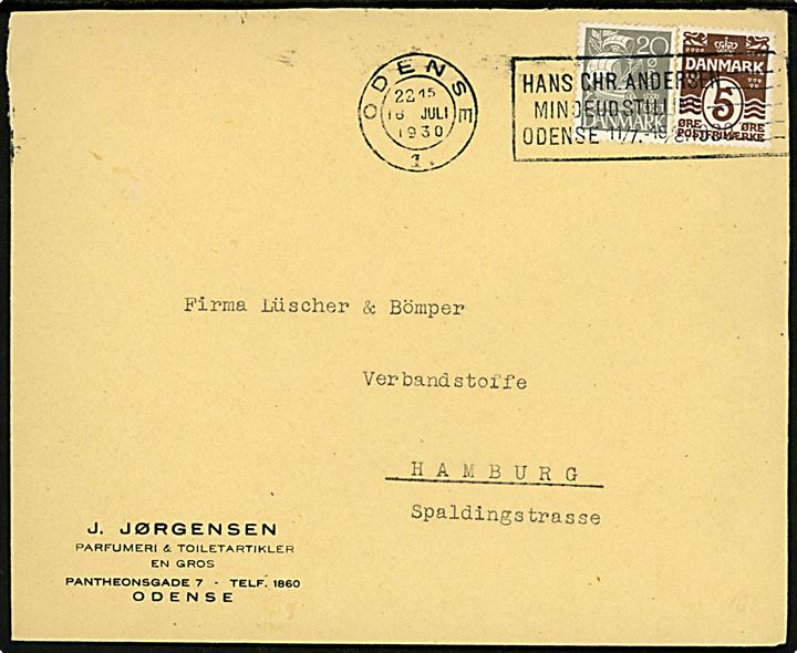 5 øre Bølgelinie og 20 øre Karavel på brev annulleret med TMS Hans Chr. Andersen Mindeudstilling Odense 11/7. - 15/8. 1930 / Odense 1. d. 16.7.1930 til Hamburg, Tyskland.