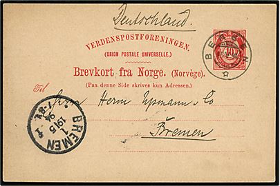 10 øre Posthorn helsagsbrevkort skrevet ombord det tyske panserskib SMS König Wilhelm under ophold i Bergen d. 15.5.1894 til Bremen, Tyskland. 