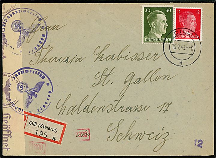 12 pfg. og 30 pfg. Hitler på anbefalet brev fra Cilli (Steiermark) d. 10.7.1943 til St. Gallen, Schweiz. Åbnet af tysk censur. Cilli (Cilje i Slovenien) i Untersteiermark var del af Nazityskland 1941-45.