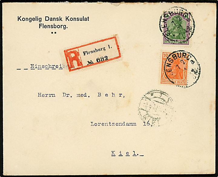 10 pfg. og 1 mk. Germania på fortrykt kuvert fra Kongelig Dansk Konsulat sendt anbefalet fra Flensburg d. 7.2.1921 til Kiel. På bagsiden officiel lukke oblat fra konsulatet.