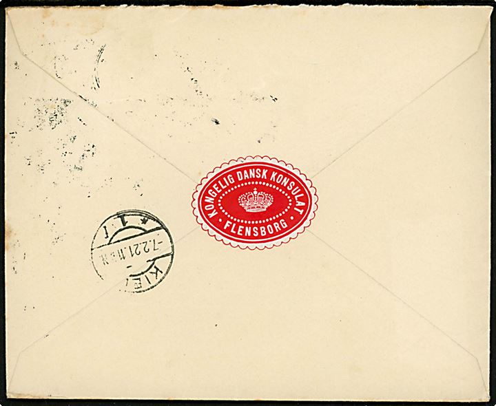 10 pfg. og 1 mk. Germania på fortrykt kuvert fra Kongelig Dansk Konsulat sendt anbefalet fra Flensburg d. 7.2.1921 til Kiel. På bagsiden officiel lukke oblat fra konsulatet.