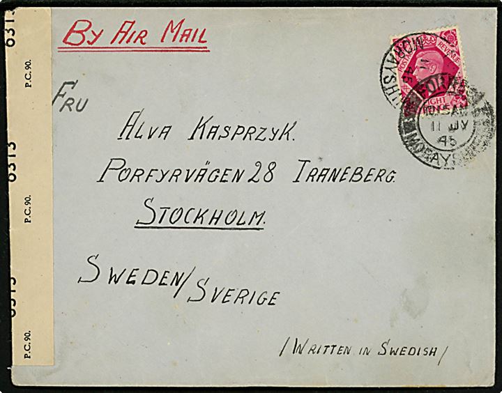 8d George VI single på luftpostbrev fra Forres Morayshire i Scotland d. 11.7.1945 til i Stockholm, Sverige. Sendt fra soldat ved de polske eksilstyrker i Scotland med dæk-adresse P.O.Box 260/113, G.P.O. London EC1. Åbnet af britisk censur no. 6313.