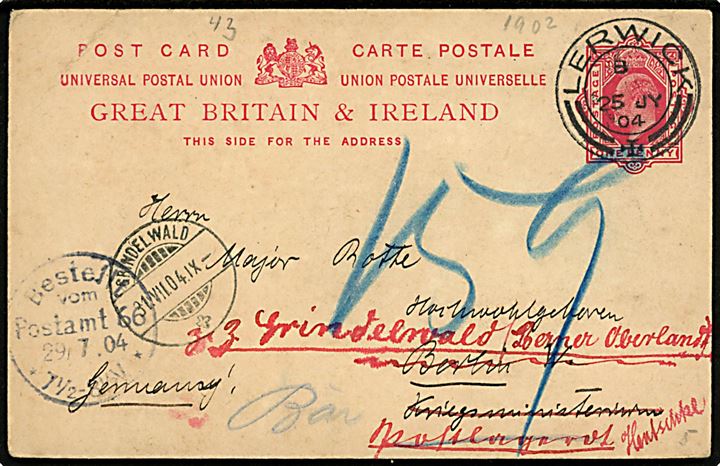 1d Edward VII helsagsbrevkort sendt fra sømand ombord på det tyske kystforsvarsskib SMS Odin under flådebesøg i Lerwick på Shetlandsøerne d. 25.7.1904 til krigsministeriet i Berlin, Tyskland - eftersendt til Grindelwald, Schweiz. 