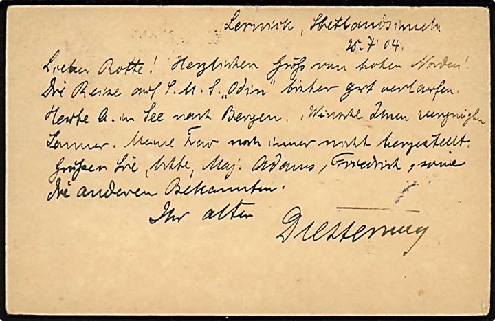 1d Edward VII helsagsbrevkort sendt fra sømand ombord på det tyske kystforsvarsskib SMS Odin under flådebesøg i Lerwick på Shetlandsøerne d. 25.7.1904 til krigsministeriet i Berlin, Tyskland - eftersendt til Grindelwald, Schweiz. 