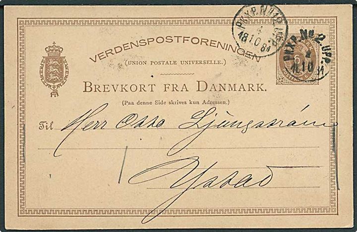 6 øre helsagsbrevkort annulleret med svensk bureaustempel PKXP.No. 2 UPP d. 4.10.1881 til Ystad, Sverige.