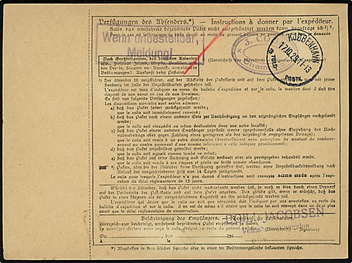 Gebühr bezahlt stempel på 540 pfg. barfrankeret internationalt adressekort for pakke fra Chemnitz d. 15.9.1929 via Berlin og Kjøbenhavn til Reykjavik, Island.
