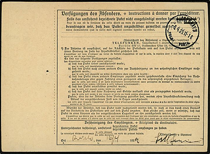 Gebühr bezahlt stempel på 320 pfg. barfrankeret internationalt adressekort for pakke fra Berlin d. 4.4.1929 via København til Reykjavik, Island.