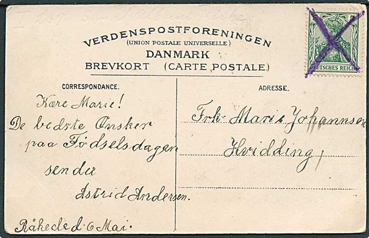5 pfg. Germania på lokalt brevkort dateret Råhede d. 6.5.19xx til Hvidding. Annulleret med blåkridt kryds.