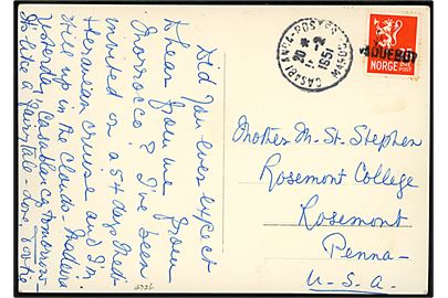 25 øre Løve på brevkort (M/S Oslofjord, interiør) annulleret med liniestempel Paquebot og sidestemplet Casablanca d. 11.2.1951 til Rosemont, USA.
