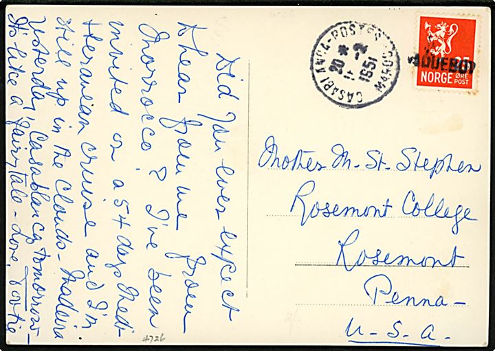 25 øre Løve på brevkort (M/S Oslofjord, interiør) annulleret med liniestempel Paquebot og sidestemplet Casablanca d. 11.2.1951 til Rosemont, USA.