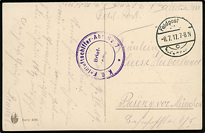 Ufrankeret feltpostkort stemplet Feldpost d. 8.7.1917 til München. Briefstempel fra K. B. Feldluftschiffer-Abteilung 7. 
