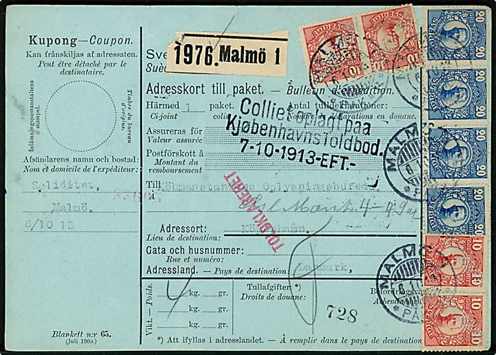 10 öre (4) og 20 öre (4) Gustaf med perfin SOLIDITET på internationalt adressekort for pakke fra Malmö d. 6.10.1913 til Kjøbenhavn, Danmark.
