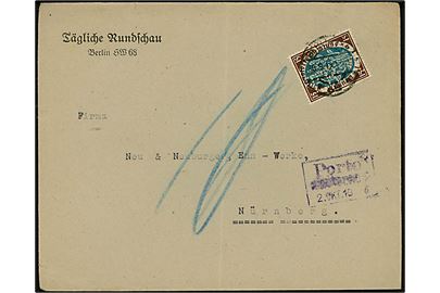 10 pfg. Weimar udg. med perfin T.R. på underfrankeret tryksag fra Tägliche Rundschau i Berlin d. 30.9.1919 til Nürnberg. Udtakseret i 10 pfg. porto.
