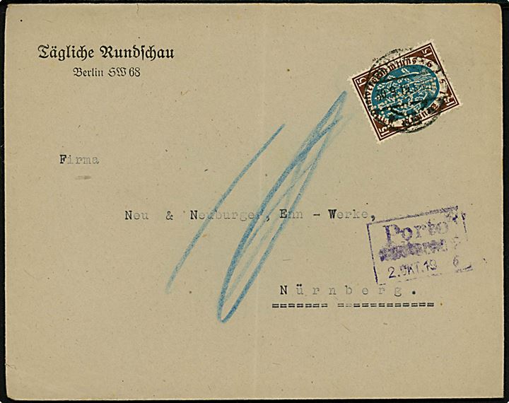 10 pfg. Weimar udg. med perfin T.R. på underfrankeret tryksag fra Tägliche Rundschau i Berlin d. 30.9.1919 til Nürnberg. Udtakseret i 10 pfg. porto.