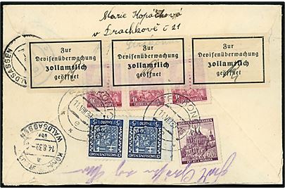 Böhmen-Mähren 60 h. og 1 k (3-stribe), samt Tjekkoslovakiet 5 h. Våben (parstykke), på bagsiden af 3,70 kr. blandingsfrankeret anbefalet brev fra Strakonice d. 11.8.1939 til Tyskland. Åbnet af tysk toldkontrol.