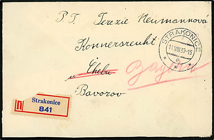 Böhmen-Mähren 60 h. og 1 k (3-stribe), samt Tjekkoslovakiet 5 h. Våben (parstykke), på bagsiden af 3,70 kr. blandingsfrankeret anbefalet brev fra Strakonice d. 11.8.1939 til Tyskland. Åbnet af tysk toldkontrol.