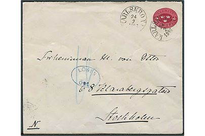 10 öre helsagskuvert fra Karlskrona d. 24.2.1895 til Stockholm. Underfrankeret med ovalt blåt portostempel: Lösen Öre.