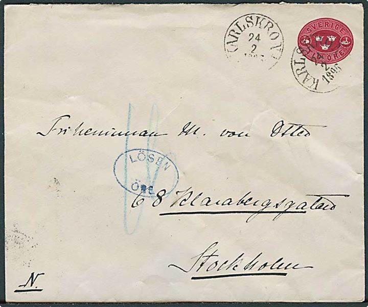 10 öre helsagskuvert fra Karlskrona d. 24.2.1895 til Stockholm. Underfrankeret med ovalt blåt portostempel: Lösen Öre.
