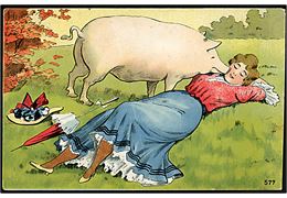 Ung kvinde ligge og drømmer og bliver kysset af en gris. L.M.M. u/no. 