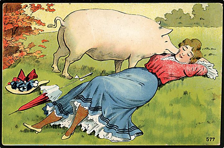 Ung kvinde ligge og drømmer og bliver kysset af en gris. L.M.M. u/no. 