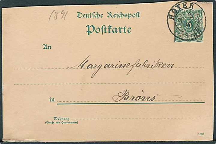 5 pfg. helsagsbrevkort annulleret med 2-ringstempel Hoyer d. 9.3.1891 til Brøns. Skåret i toppen.