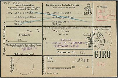 Kh. K. 30 øre blanketmaskinstempel på retur Indkasserings-Indbetalingskort fra København d. 31.10.1944 til Skive.