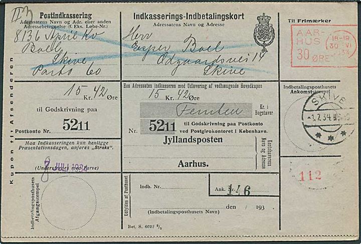 Aarhus 30 øre blanketmaskinstempel på retur Indkasserings-Indbetalingskort fra Aarhus d. 30.6.1934 til Skive. 