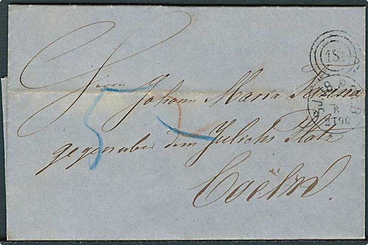 1865. Ufrankeret portobrev fra København med kombineret nr.stempel 181/SJ.JB.P.SP.B. d. 27.8.1865 via Lübeck til Cöln, Tyskland. Flere porto-påtegninger.