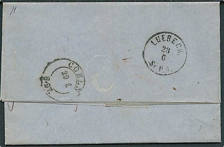 1865. Ufrankeret portobrev fra København med kombineret nr.stempel 181/SJ.JB.P.SP.B. d. 27.8.1865 via Lübeck til Cöln, Tyskland. Flere porto-påtegninger.