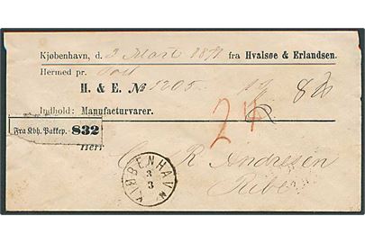 1871. Ufrankeret privat fremstillet adressekort for pakke med lapidar stempel Kiøbenhavn d. 3.3.1871 til Ribe. Påskrevet 24 skilling.