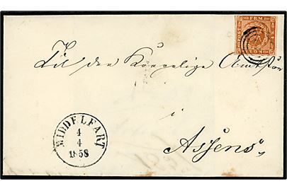 4 sk. 1854 udg. på brev annulleret med svagt nr.stempel 42 og sidestemplet antiqua Middelfart d. 4.4.1858 til Assens.