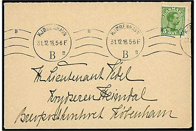 5 øre Chr. X på lokalbrev i Kjøbenhavn d. 31.12.1916 til Lieutnant Vedel ombord på krydseren Heimdal via Brevpostkontoret i København.