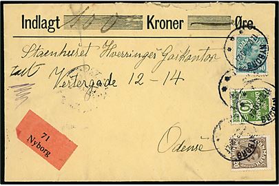 10 øre Bølgelinie, 20 øre og 60 øre Chr. X på værdibrev fra Nyborg d. 17.12.1921 til Odense. Påskrevet Talt.