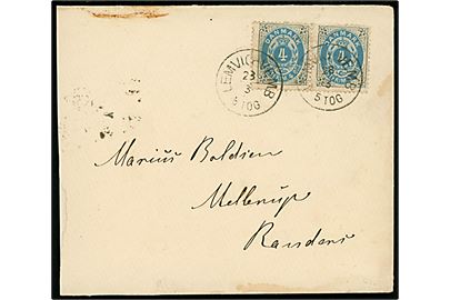 4 øre Tofarvet i parstykke på brev annulleret med lapidar bureaustempel Lemvig - Vemb 5 Tog d. 28.3.1887 til Mellerup pr. Randers. 