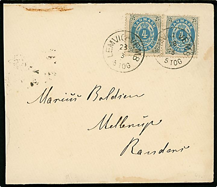 4 øre Tofarvet i parstykke på brev annulleret med lapidar bureaustempel Lemvig - Vemb 5 Tog d. 28.3.1887 til Mellerup pr. Randers. 