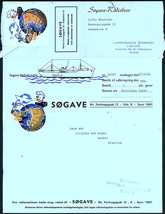 Ufrankeret Søgave-Radiobrev formular med meddelelse fra dansk arbejder på Thule Air Base i Dundas, Grønland d. 8.12.1964 til København. Udbragt sammen med buket blomster via blomsterhandler i København.