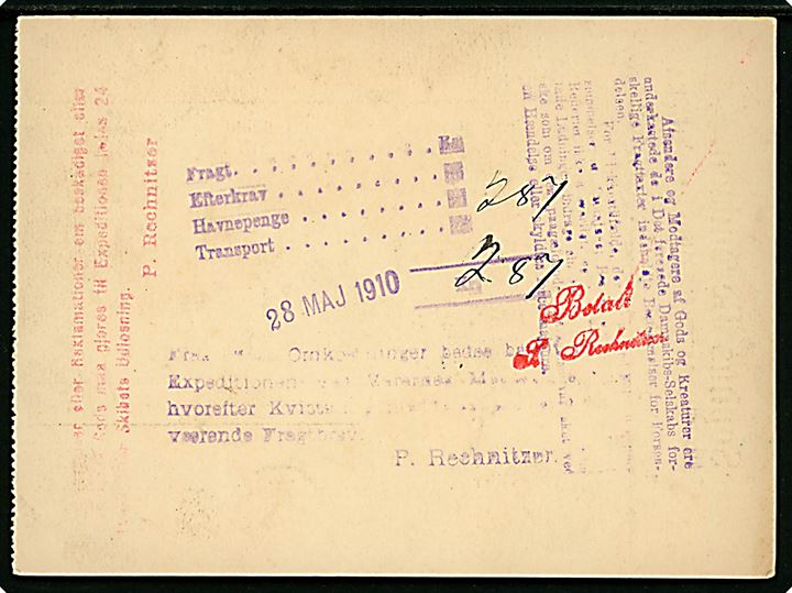 Fragtbrev fra firma Sophus Berendsen i Kjøbenhavn d. 27.5.1910 for gods sendt med dampskibet S/S Cimbria til Aalborg. 