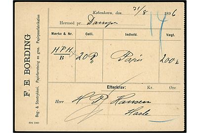 Fragtbrev fra firma F. E. Bording i Kjøbenhavn d. 31.8.1896 for gods sendt med dampskib til Hasle på Bornholm. Flere stempler på bagsiden.