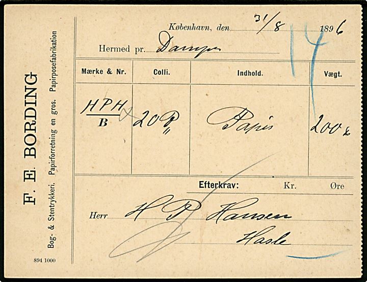 Fragtbrev fra firma F. E. Bording i Kjøbenhavn d. 31.8.1896 for gods sendt med dampskib til Hasle på Bornholm. Flere stempler på bagsiden.